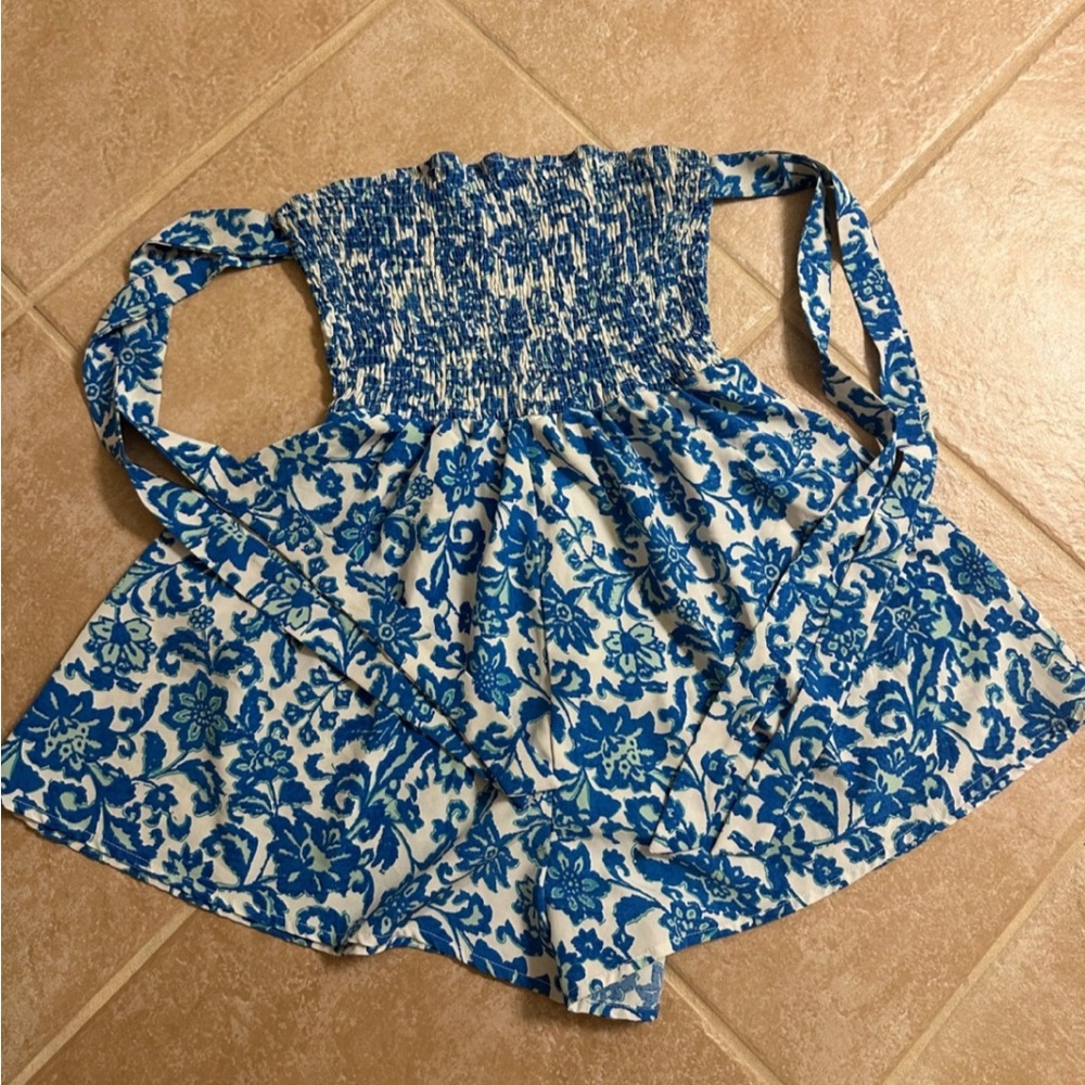 SHEIN Blue and White Floral Smocked Dress